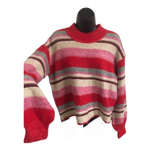 Jessica Simpson Sweaters - Jessica Simpson pink multi‎ striped fuzzy high crewneck sweater size small new